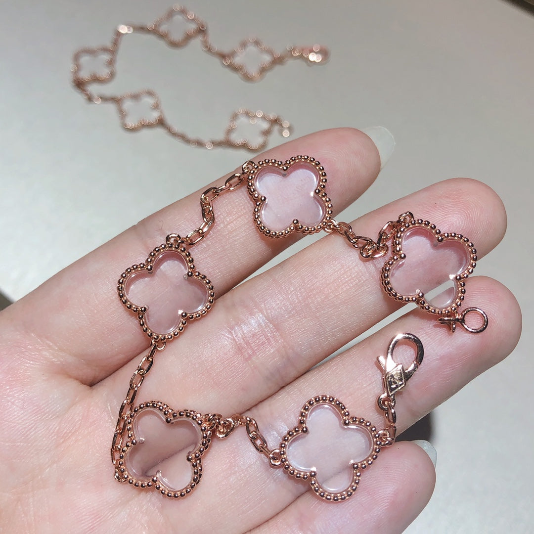 [Vicky]CLOVER 5 MOTIF ROCK CRYSTAL PINK GOLD BRACELET