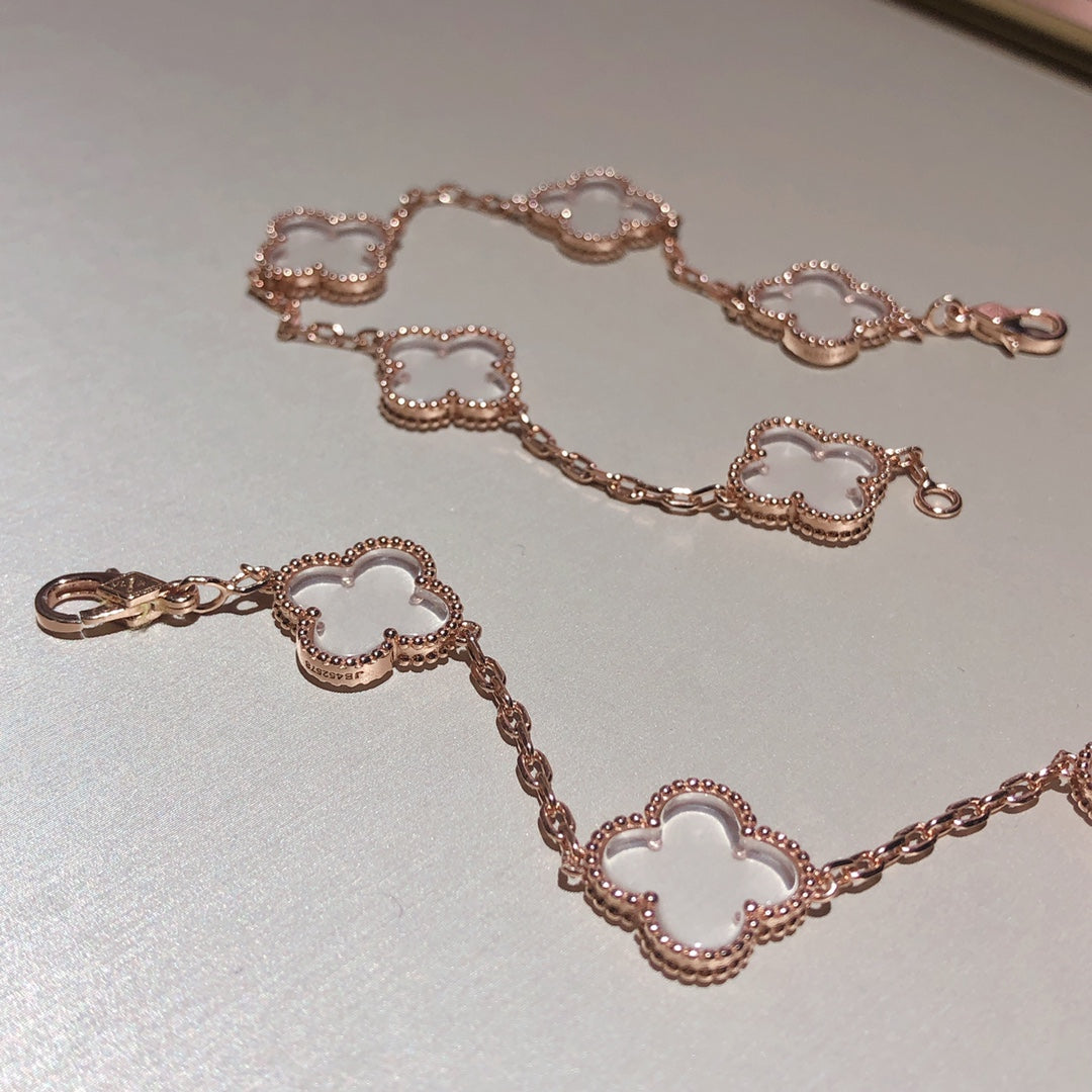 [Vicky]CLOVER 5 MOTIF ROCK CRYSTAL PINK GOLD BRACELET