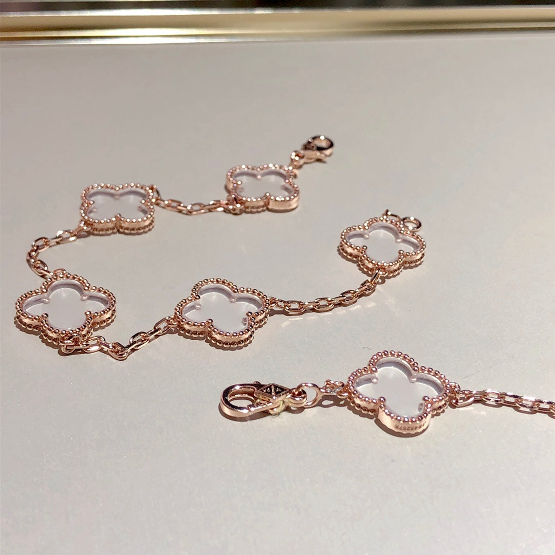 [Vicky]CLOVER 5 MOTIF ROCK CRYSTAL PINK GOLD BRACELET