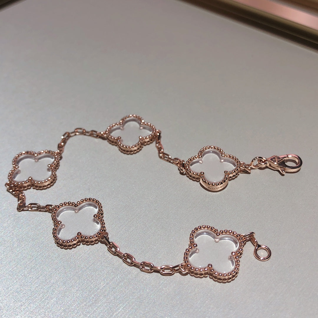 [Vicky]CLOVER 5 MOTIF ROCK CRYSTAL PINK GOLD BRACELET