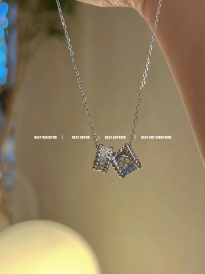 [Vicky]PERLEE DOUBLE PENDANT SILVER DIAMOND NECKLACE