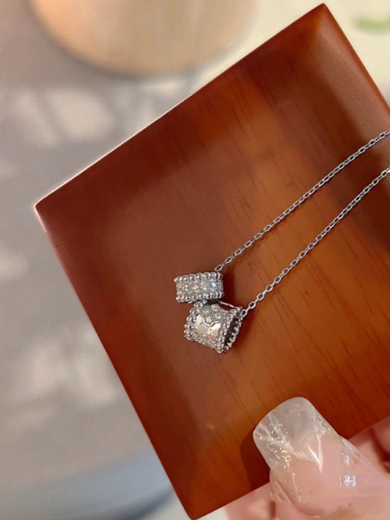 [Vicky]PERLEE DOUBLE PENDANT SILVER DIAMOND NECKLACE
