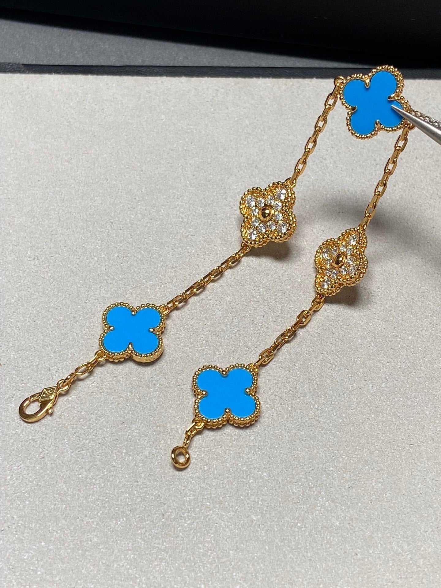 [Vicky]CLOVER 5 MOTIF BLUE CHALCEDONY DIAMOND GOLD BRACELET