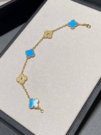 [Vicky]CLOVER 5 MOTIF BLUE CHALCEDONY DIAMOND GOLD BRACELET