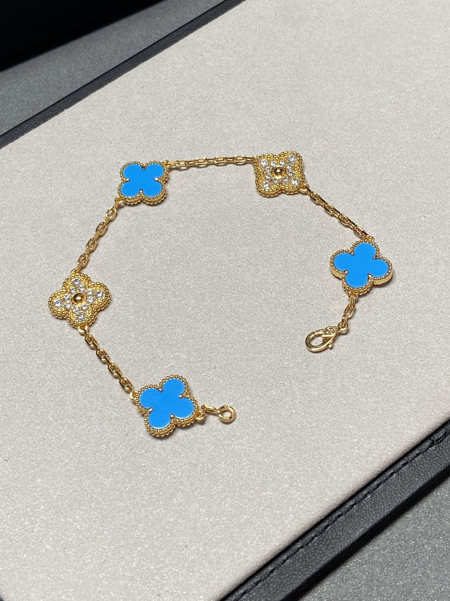 [Vicky]CLOVER 5 MOTIF BLUE CHALCEDONY DIAMOND GOLD BRACELET