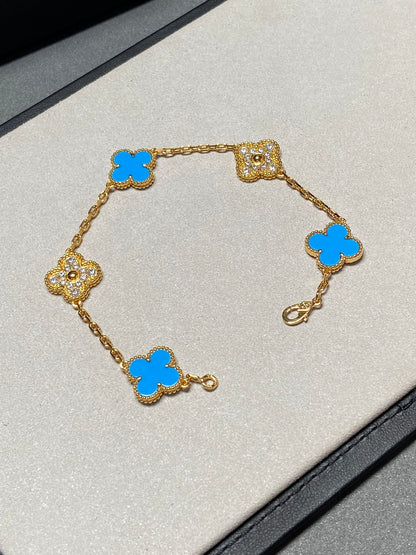 [Vicky]CLOVER 5 MOTIF BLUE CHALCEDONY DIAMOND GOLD BRACELET