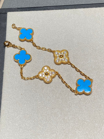 [Vicky]CLOVER 5 MOTIF BLUE CHALCEDONY DIAMOND GOLD BRACELET
