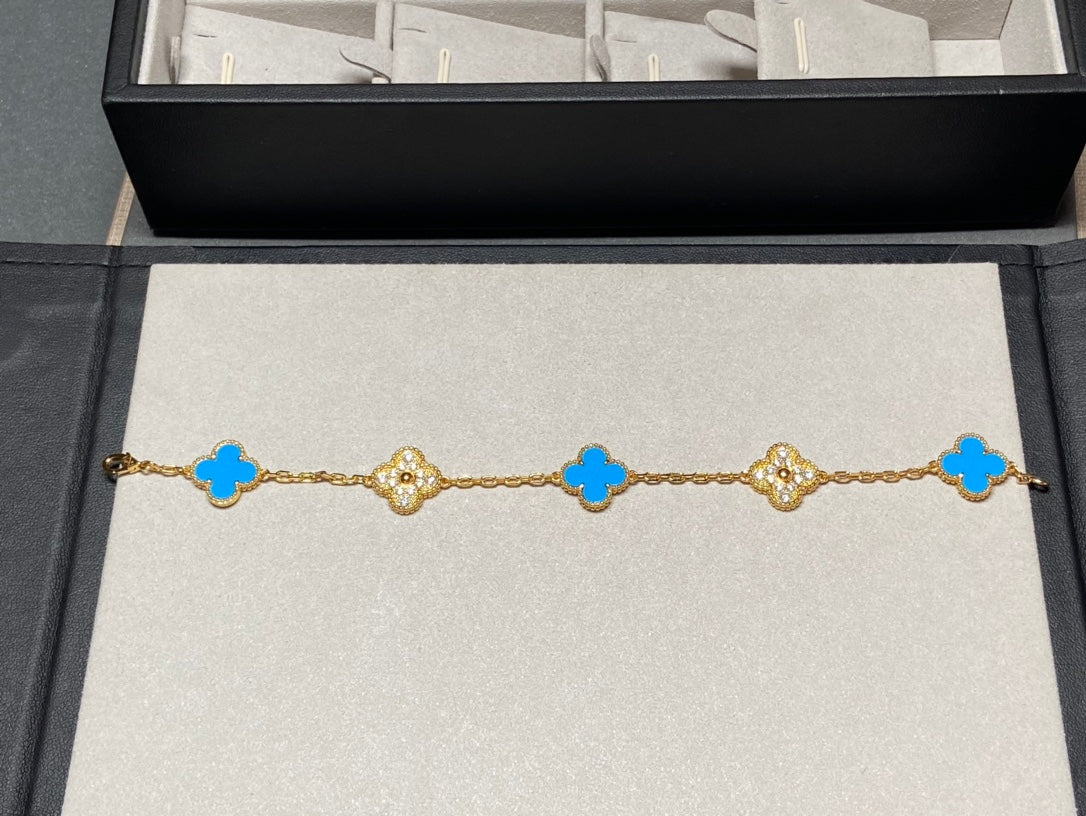 [Vicky]CLOVER 5 MOTIF BLUE CHALCEDONY DIAMOND GOLD BRACELET