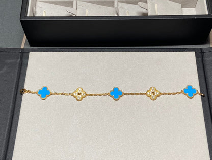 [Vicky]CLOVER 5 MOTIF BLUE CHALCEDONY DIAMOND GOLD BRACELET