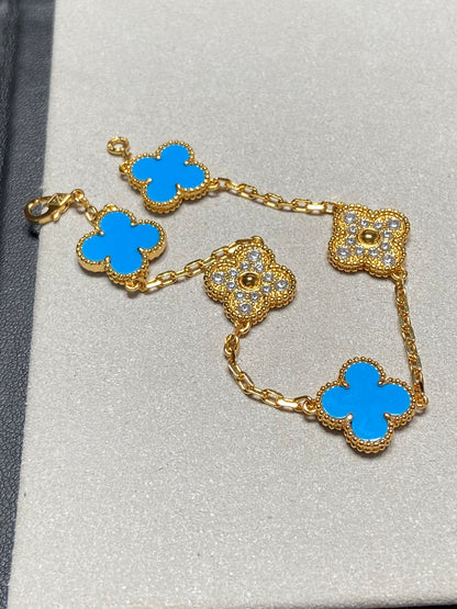 [Vicky]CLOVER 5 MOTIF BLUE CHALCEDONY DIAMOND GOLD BRACELET