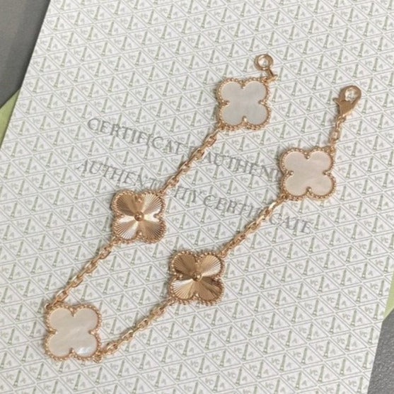 [Vicky]CLOVER BRACELET 5 MOTIF WHITE MOP PINK GOLD