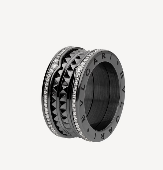 [Vicky]ZERO 1 ROCK FOUR-BAND BLACK CERAMIC WITH STUDDED SPIRAL AND PAVED DIAMONDS RING