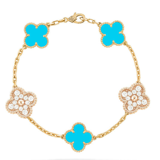 [Vicky]CLOVER 5 MOTIF TURQUOISE DIAMOND GOLD BRACELET