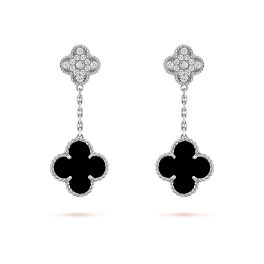 [Vicky]CLOVER 2 MOTIFS  DIAMOND ONYX EARRINGS SILVER