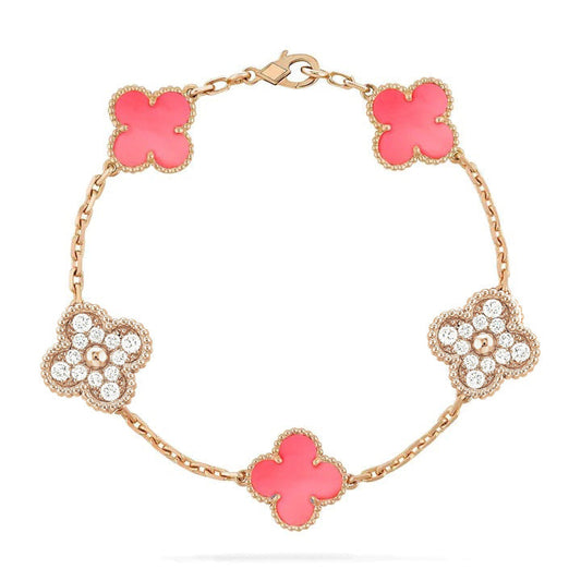 [Vicky]CLOVER 5 MOTIF DIAMOND PINK MOP PINK GOLD BRACELET