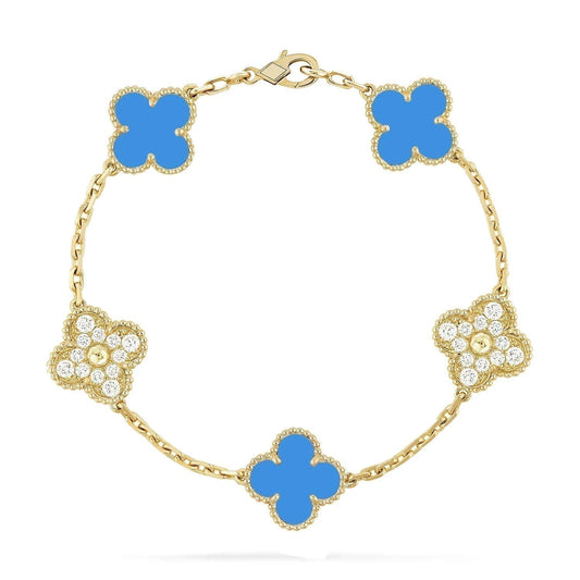 [Vicky]CLOVER 5 MOTIF BLUE CHALCEDONY DIAMOND GOLD BRACELET
