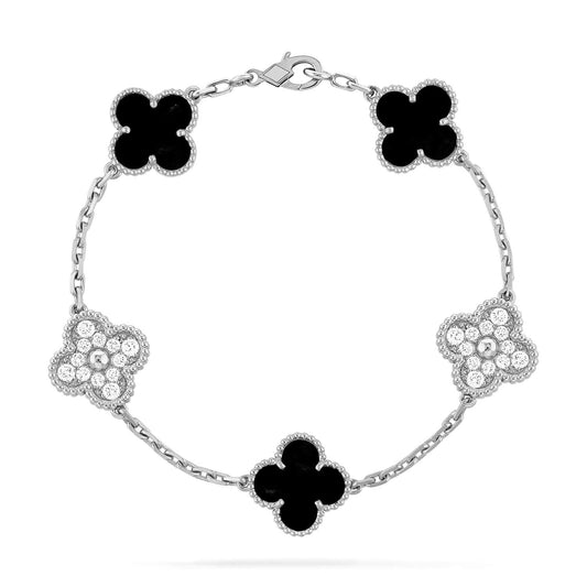 [Vicky]CLOVER 5 MOTIF ONYXS DIAMOND BRACELET SILVER