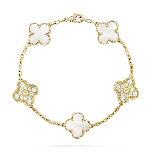 [Vicky]CLOVER BRACELET 5 MOTIF WHITE MOP DIAMOND