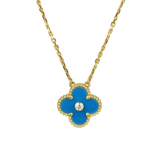 [Vicky]CLOVER 15MM DIAMOND AND BLUE AGATE NECKLACE