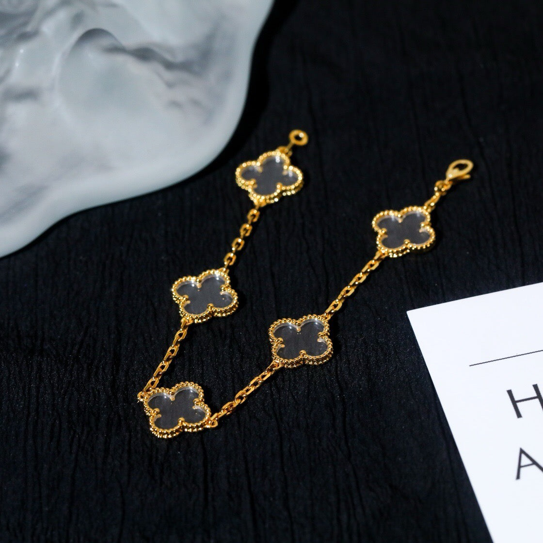 [Vicky]CLOVER 5 MOTIF ROCK CRYSTAL PINK GOLD BRACELET