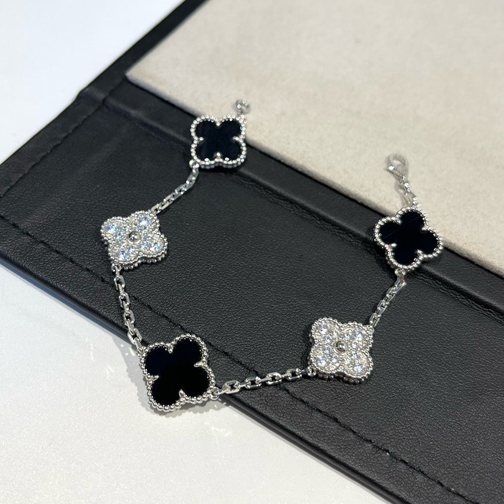 [Vicky]CLOVER 5 MOTIF ONYXS DIAMOND BRACELET SILVER