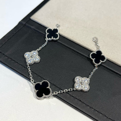 [Vicky]CLOVER 5 MOTIF ONYXS DIAMOND BRACELET SILVER