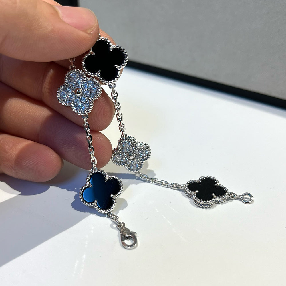 [Vicky]CLOVER 5 MOTIF ONYXS DIAMOND BRACELET SILVER