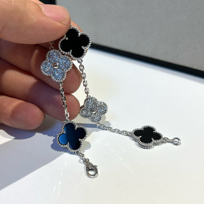 [Vicky]CLOVER 5 MOTIF ONYXS DIAMOND BRACELET SILVER