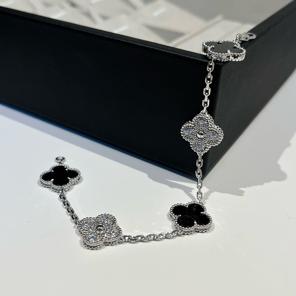 [Vicky]CLOVER 5 MOTIF ONYXS DIAMOND BRACELET SILVER