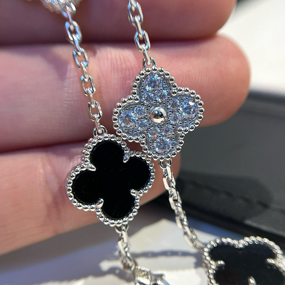 [Vicky]CLOVER 5 MOTIF ONYXS DIAMOND BRACELET SILVER