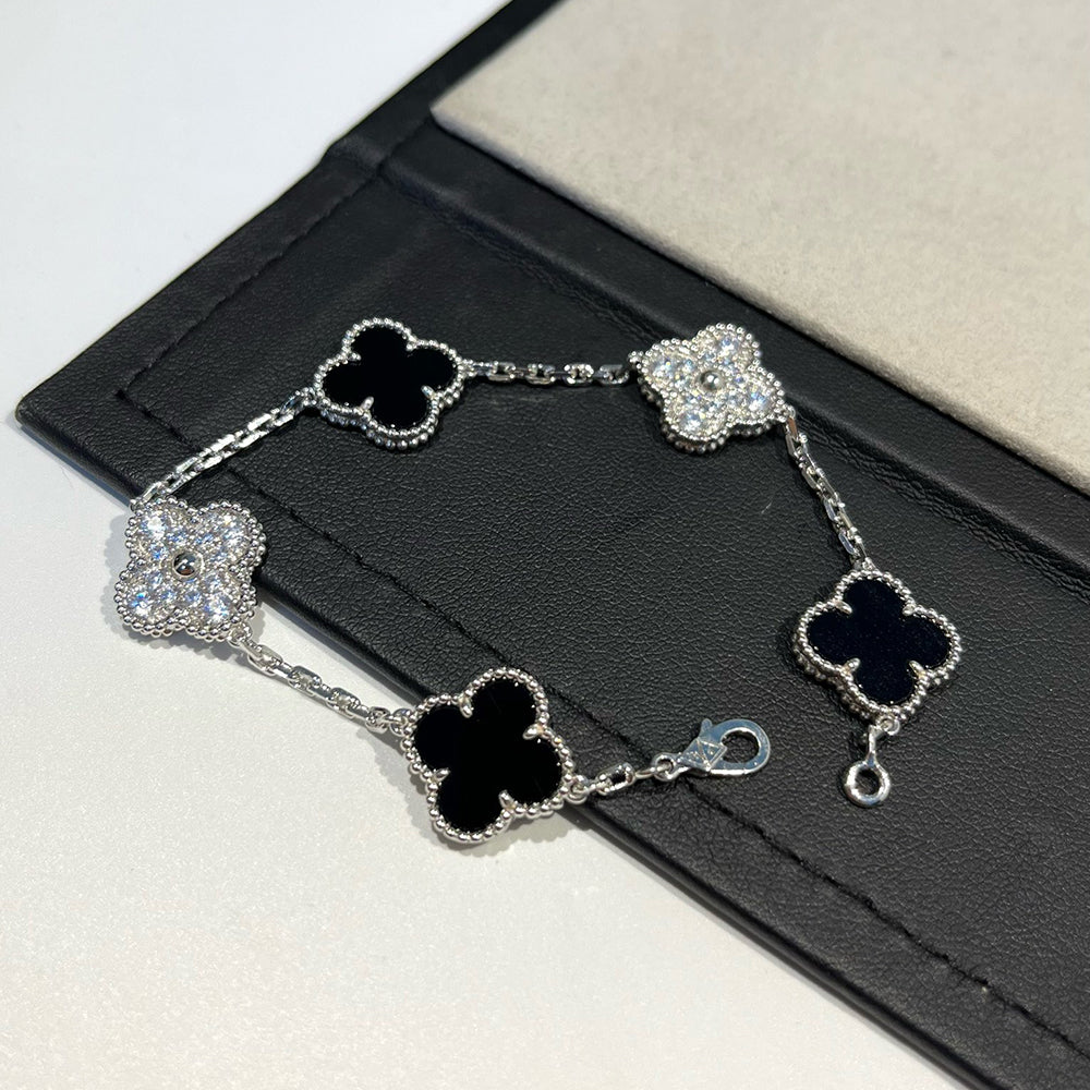 [Vicky]CLOVER 5 MOTIF ONYXS DIAMOND BRACELET SILVER