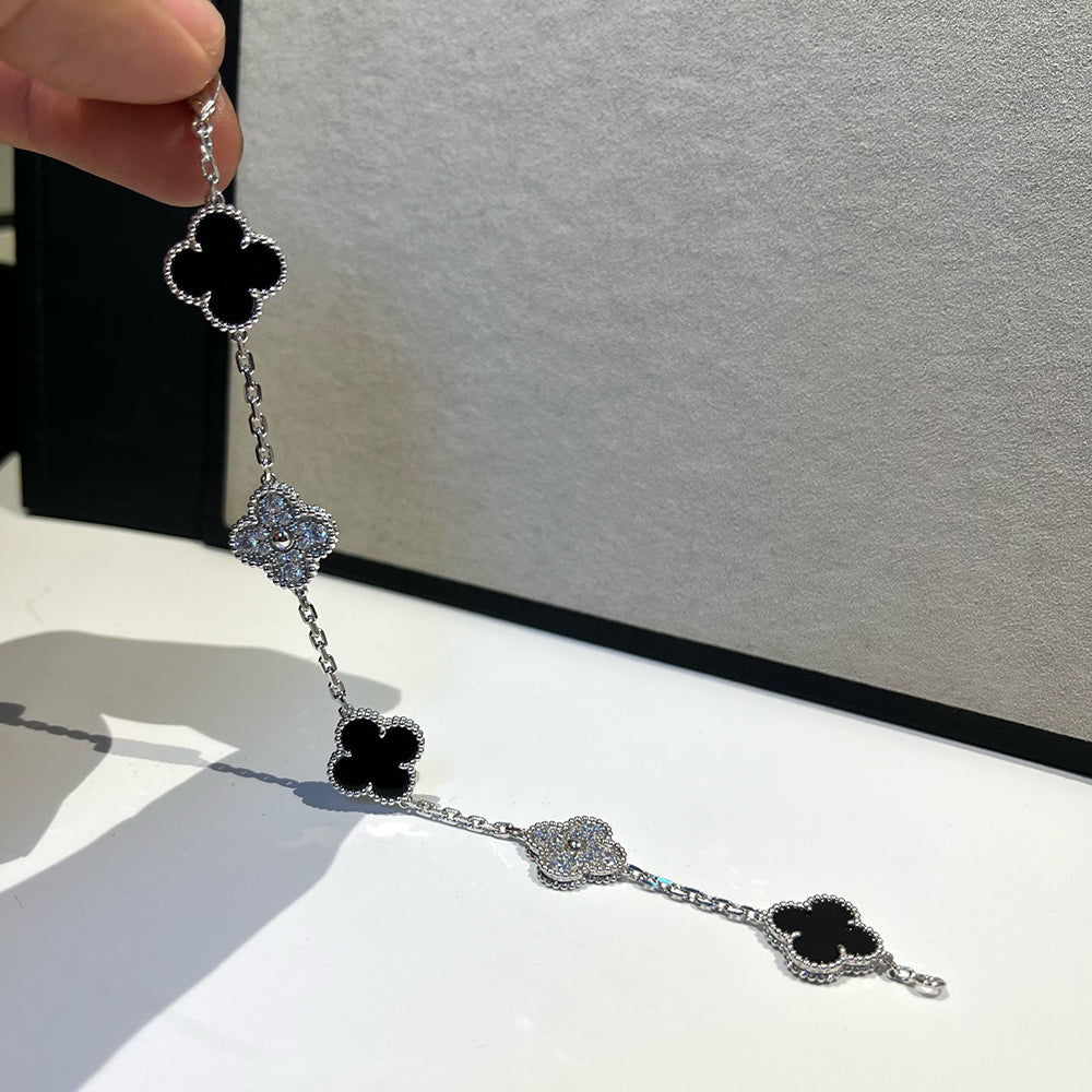 [Vicky]CLOVER 5 MOTIF ONYXS DIAMOND BRACELET SILVER