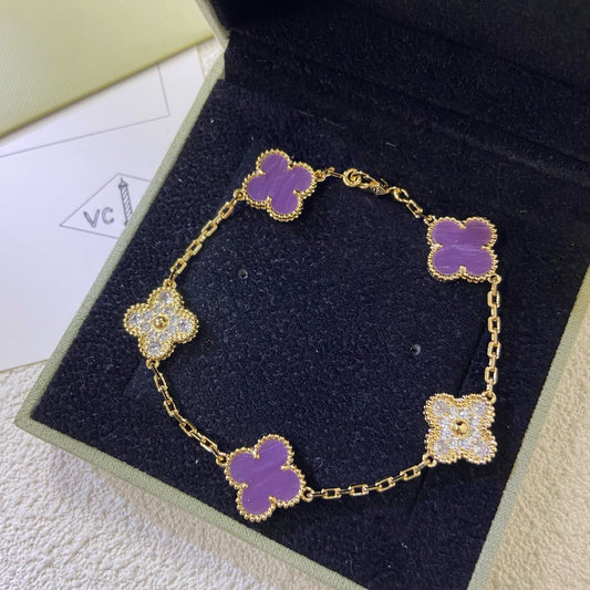 [Vicky]CLOVER  5 MOTIFS  PURPLE VIOLET DIAMOND BRACELET