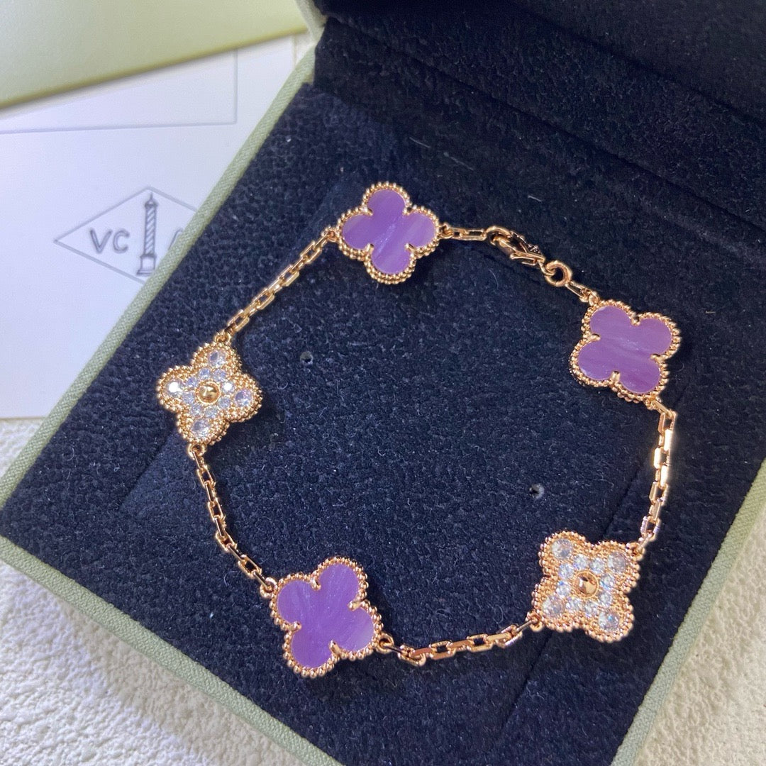 [Vicky]CLOVER  5 MOTIFS  PURPLE VIOLET DIAMOND BRACELET