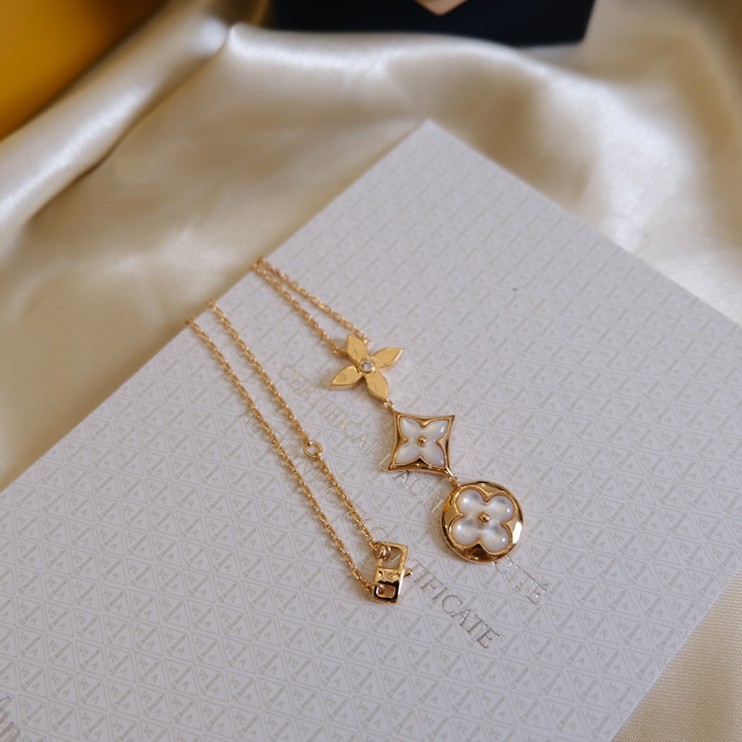 [Vicky]COLOR BLOSSOM LARIAT NECKLACE PINK GOLD WHITE MOTHER PEARL AND DIAMOND