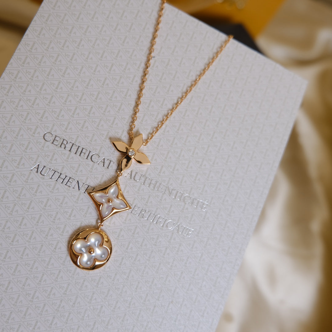 [Vicky]COLOR BLOSSOM LARIAT NECKLACE PINK GOLD WHITE MOTHER PEARL AND DIAMOND