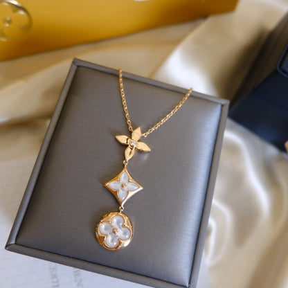 [Vicky]COLOR BLOSSOM LARIAT NECKLACE PINK GOLD WHITE MOTHER PEARL AND DIAMOND